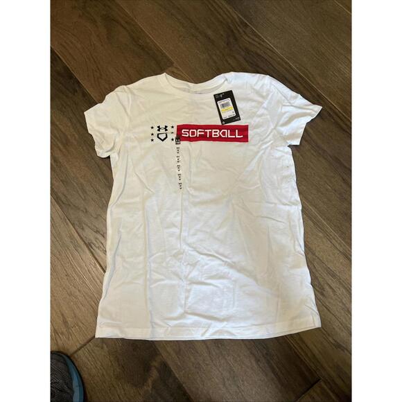 Under Armour Women's Softball Freedom White Short Sleeve T-Shirt Medium - Picture 1 of 3